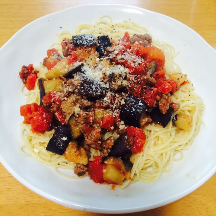 時短！茄子とひき肉のトマトパスタ